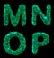 Plastic letters set M, N, O, P made of 3d render plastic shards green color.