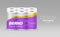 Plastic long roll toilet paper one package six roll, purple and yellow design on gray background