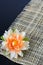 Plastic lotus flower on wooden background.
