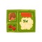 Plastic lunch box with mashed potatoes, chicken leg and fresh vegetables. Green tray with appetizing food. Flat vector