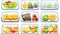 The plastic lunch container icon modern illustration depicts an isolated set of cooked vegetables and fruit