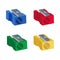 Plastic manual pencil sharpener. Red, yellow, blue, green colors. Flat style. Vector illustration.