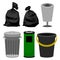 Plastic and metallic bins, black plastic bags for garbage