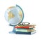 Plastic model globe of Earth, books and eyeglasses on white background. Geography lesson