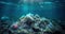 Plastic ocean pollution. Underwater bags, bottles, cups, straws and earbuds, Generative AI