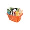 Plastic orange basket full of food, fruit, products and grocery goods. Natural food, organic fruits and vegetable. Department