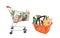 Plastic orange basket and shopping cart full of food, fruit, products and grocery goods. Natural food, organic fruits and