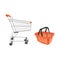 Plastic orange basket and shopping cart supermarket and store container. Hypermarket product carry object. Vector grocery basket