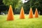 plastic orange cones in a row on turf