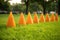 plastic orange cones in a row on turf