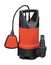 Plastic orange drainage pump pumping water, with automatic shut-off float, isolated white background. Flooded premises