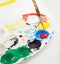 Plastic paint palette with paint and brush