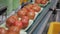 Plastic pallets with red tomatoes moving along automatic line in supermarket.