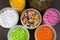 Plastic pellets. Dyes for plastic, polypropylene, polyethylene. Plastic granules in a measuring container and test tubes in the