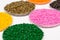 Plastic pellets .Polymeric dye ÃÂ² granules. The recycling of plastic