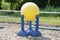 Plastic physioball on the sand during training for beginner riders and horses at riding school indoors