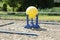 Plastic physioball on the sand during training for beginner riders and horses at riding school indoors