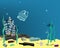 Plastic pollution illustration trash under the sea. Different kinds of garbage, bags, wastes, plastic botles, and