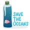 Plastic pollution in ocean environmental problem concept.  poor fish swim inside plastic bottle with text save the oceans.