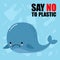 Plastic Pollution in the sea. Cute cartoon sad whale. Ecological blue poster, paper art and digital crafts style. seagull sitting