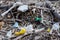 Plastic pollution trash waste in debris on ocean beach