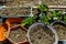 Plastic pots filled with dirt