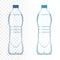Plastic realistic vector bottles with water and blue cap on transparent background. Realistic bottle mockup.