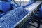 Plastic recycling plant. Conveyor with shredded plastic