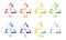 Plastic recycling symbols different types. Colorful vector collection. Set of triangles arrow with number and resin