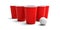 Plastic red color cups and a ping pong ball isolated on white background. 3d illustration