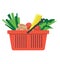 Plastic red shopping basket with grocery products, fresh fruit and vegetables, healthy organic food, isolated on white