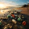 Plastic remnants scatter beach, underscoring environmental harm caused by beach pollution