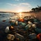 Plastic remnants scatter beach, underscoring environmental harm caused by beach pollution