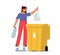 Plastic Reuse, Recycling Solution. Female Character Throw Trash into Litter Bin with Bottle Sign. Woman Eco Activist