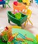 Plastic sand toy and buckets in play room