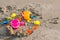 Plastic sandbox toys on the sand. kids toys on tropical sand beach. Plastic shovel and sea animal mold toys on sand. Favorite toys