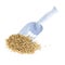 Plastic scoop for cleaning cat litter and a pile of filler on white background