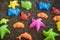 Plastic sea animals on man made sand. Children toys