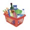 Plastic shopping basket with food on white background