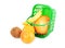 Plastic shopping basket with variety of fruits on a white background
