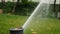 Plastic sprayer during watering of green lawn grass. Garden sprinkler working in the grass. Slow motion