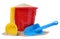 Plastic toy bucket with colorful shovels and sand on white background