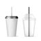 Plastic transparent disposable cup with black straw for cocktail and disposable container with black lid for ice drink. Vector