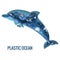 Plastic trash planet pollution concept vector illustration. Dolphin marine mammal outline filled with plastic waste 3d icon. Zero