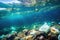 Plastic waste, litter and garbage pollute underwater ocean, Generative AI