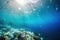 Plastic waste, litter and garbage pollute underwater ocean, Generative AI