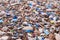 Plastic waste rubbish and litter on pebble seashore after storm, closeup view.