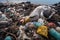 Plastic waste washed ashore on the beach, devastating consequences of pollution on our planet, and struggling seagull birds on the