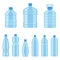 Plastic water bottles. Flat containers different capacities for liquids, beverages advertisement service delivery water