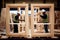 plastic window frames being assembled for a new house, with workers placing the windows